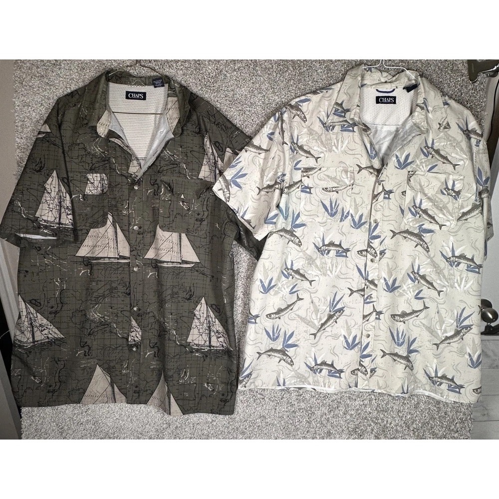 Lot of 2 Chaps Button Down Shirts XXL White Grey Sailboat Fish Vacation Resort